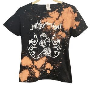 Muay Thai Women's Black Upcycled Bleached Distressed T-Shirt - Size Large